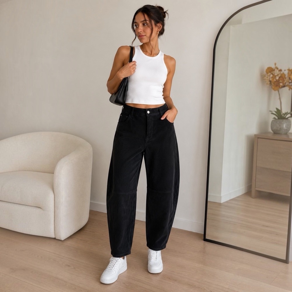 Olivaceous Black Faux Suede Barrel Leg Cropped Pants Size Large